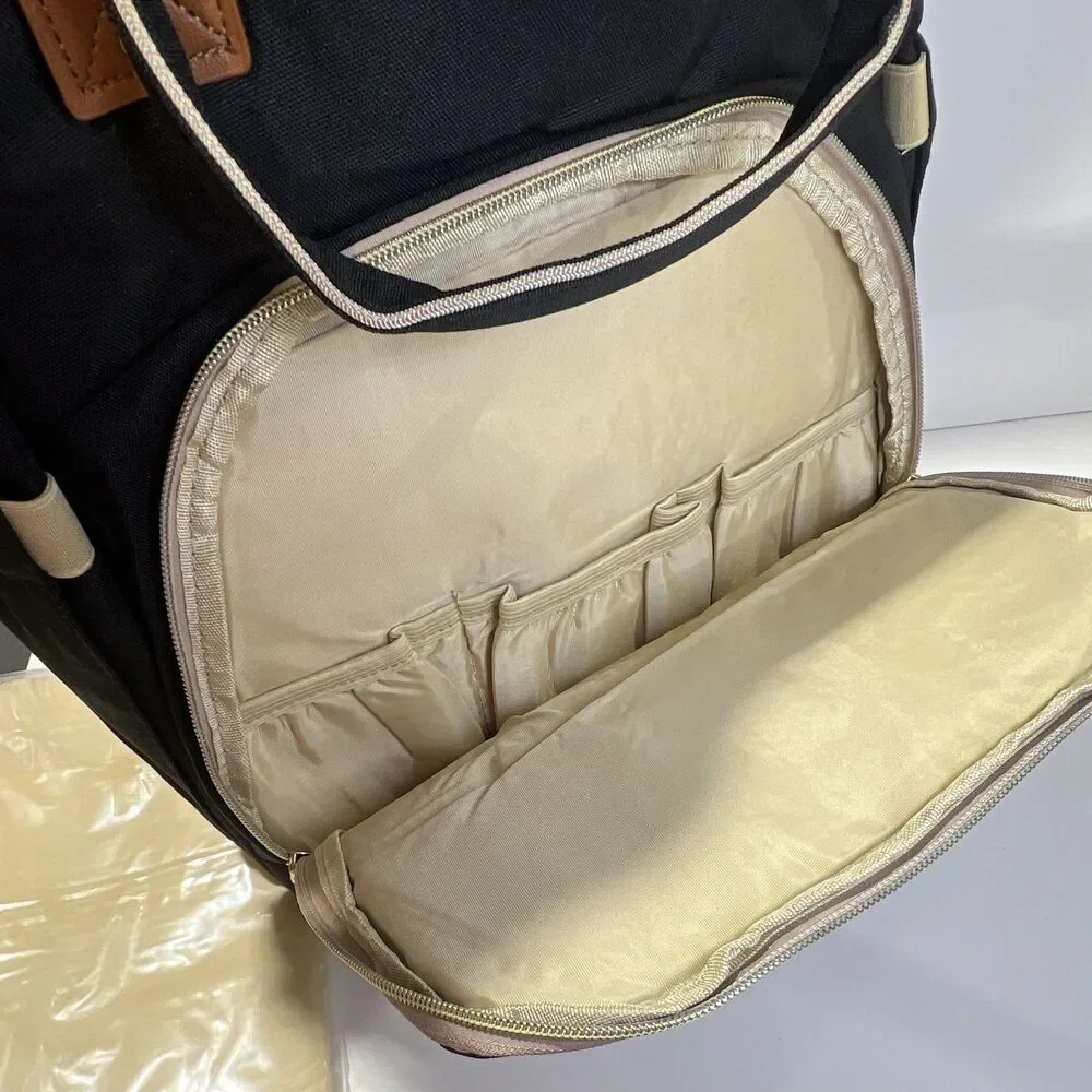 HKZ Solid Black/Beige Diaper Bag Backpack w/ Changing Pad, Inner/Outer Pockets